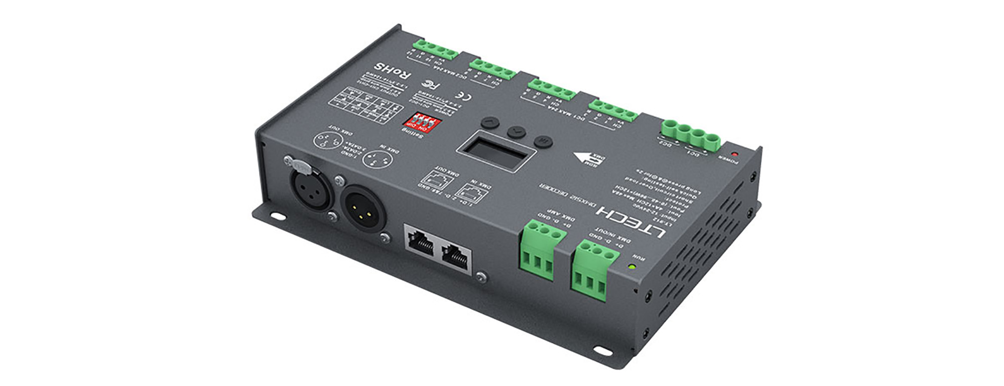 912  12Ch 4A CV DMX Decoder; 1152W Max.Power; XLR-3 ; Green connector & RJ45 Port; Self testing; DMX512/RDM I/P signal; IP20.